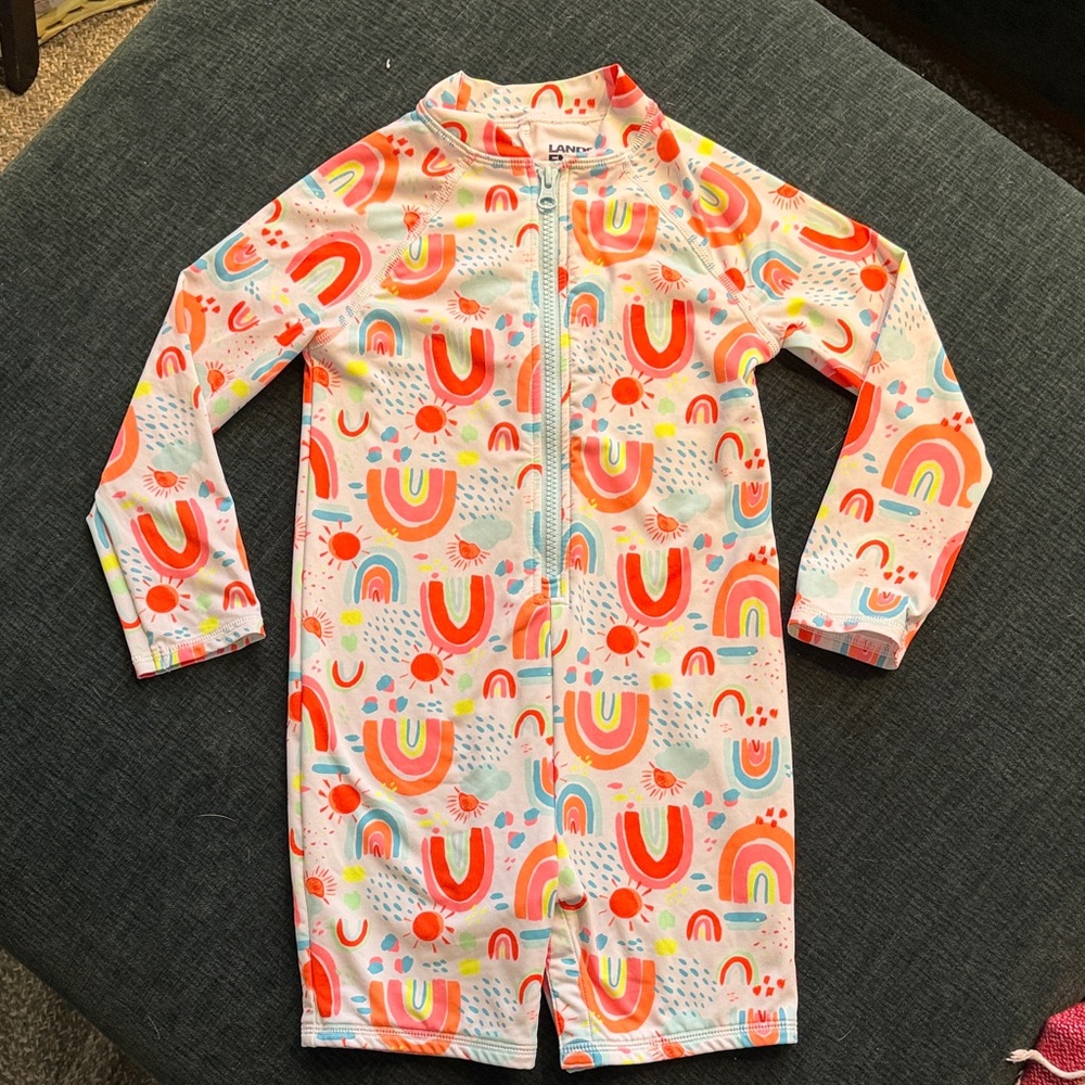 Lands' End Kids' White Rashguard Sunsuit with Coral & Pastel Rainbows